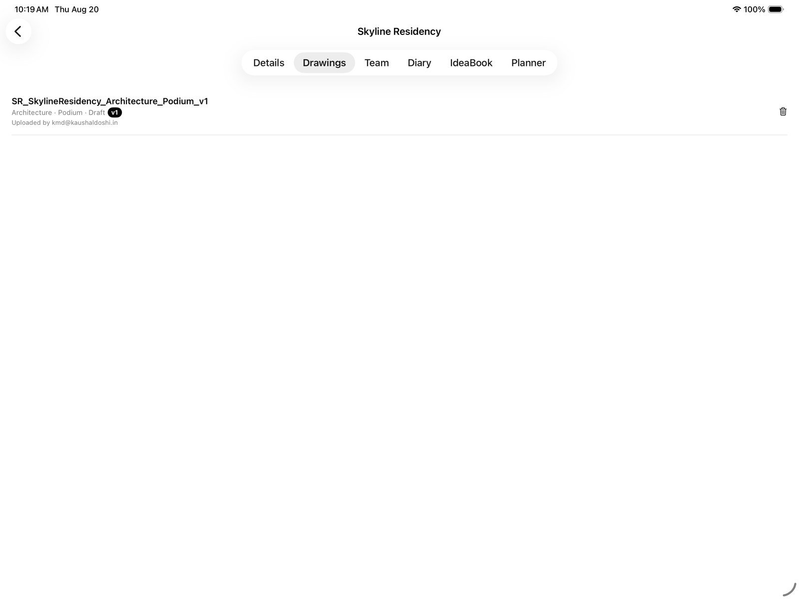 Plavyn's Drawings tab showing an uploaded drawing with its version and status